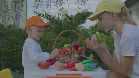 Three year old boy and his mother learning vegetables in home garden 2 Stock Footage 276896972