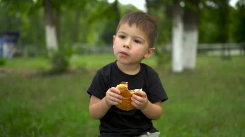 Three year old boy eats cheeseburger outdoors and looks at camera portrait 4k Stock-Footage 331285211
