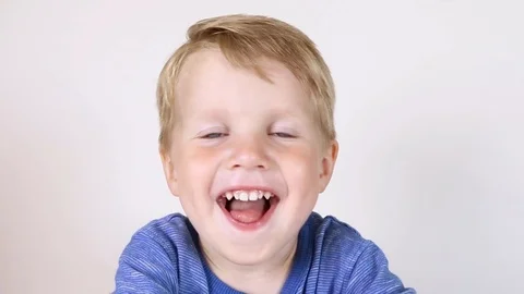 Three years old kid and emotions, close-up portrait of happy smiling kid Stock Footage 93444589