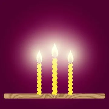 Three yellow, burning, shaped candles on a wooden shelf in the dark. Purple Stock Illustration