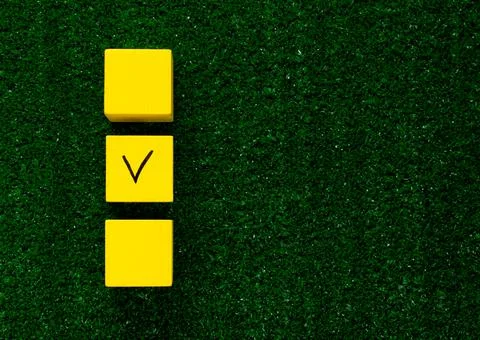 Three yellow cubes with a tick on one on grass Stock Photos