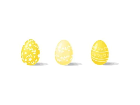 Three yellow Easter eggs with different ornaments. Spring holiday theme. Flat Stock Illustration
