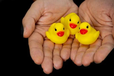 Three yellow inflatable duck on head symbol Stock Photos