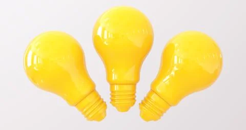 Three Yellow Light Bulb on a Soft White Studio Background. 3D render. 스톡 일러스트