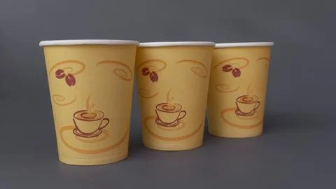 Three Yellow Paper Coffee Cups for Cafe Packaging Stock Photos