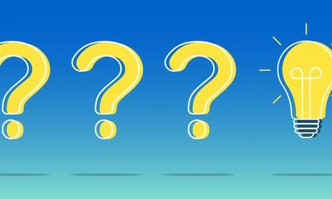 Three yellow question marks float beside a glowing lightbulb Stock Illustration
