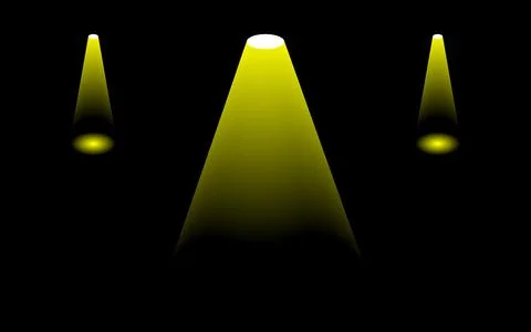 Three yellow spotlights shining bright beams on black stage Stock Illustration