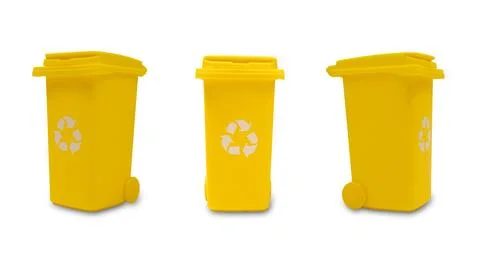 Three yellow trash cans isolated on a white background. Stock Photos