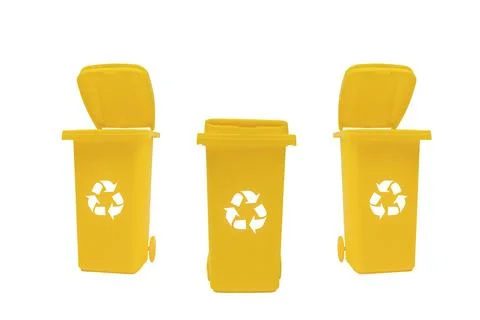 Three Yellow Trash Cans With Recyclable Lids. Stock Photos