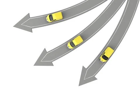 Three yellow vans go in different directions Stock Illustration