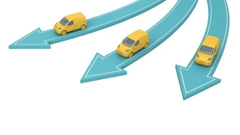 Three yellow vans go in different directions Stock Illustration