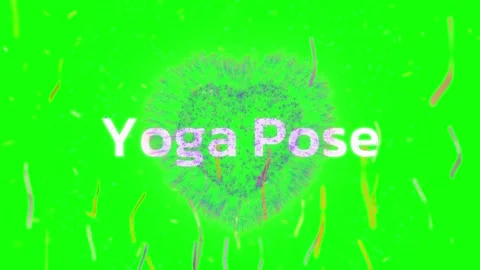 Three yoga pose text overlays with animated heart particle effects on green Stock Footage 338389555