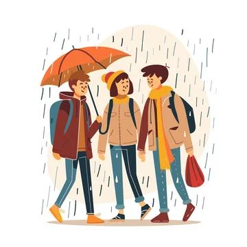 Three young adults sharing orange umbrella walking together during rainfall Stock Illustration