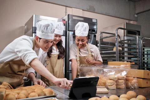 Three young bakery startups live streaming, pastry sales online promotion. Stock Photos