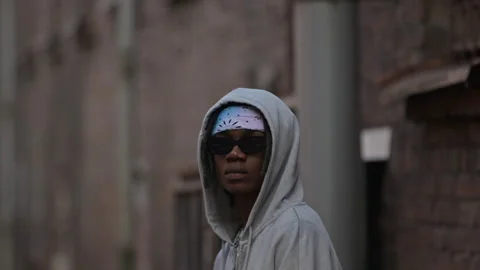 Three Young Black Guys Standing in Side Street Looking at Camera 스톡 동영상 317371826