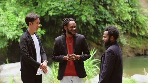 Three Young Businessman With Multiple Ethnic Doing Conversation With Vintage Stock Footage 208926393