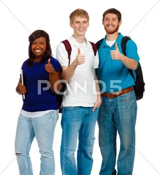 Three young college students showing the thumbs up sign Stock Photos