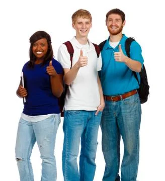 Three young college students showing the thumbs up sign Stock Photos