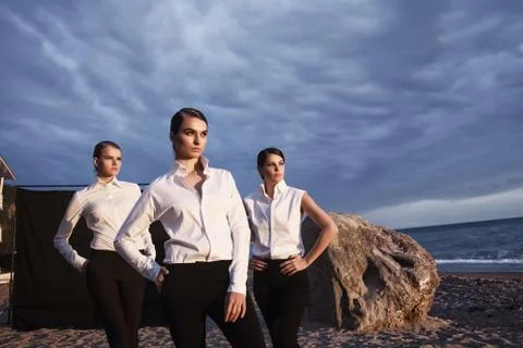 Three young duves posing on a sandy beach, at sunset. Stock Photos
