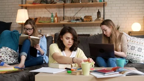 Three young female student study together being serious and concentrated Stock Footage 75963650