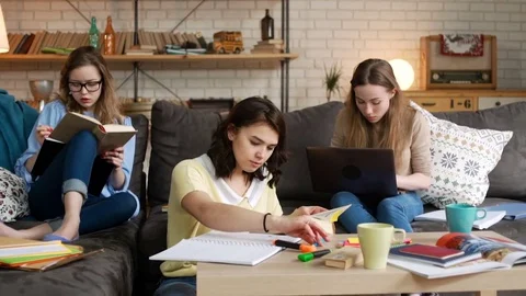 Three young female student study together being serious and concentrated Stock Footage 75963755