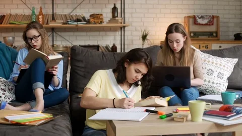 Three young female student study together being serious and concentrated Stock Footage 75963840
