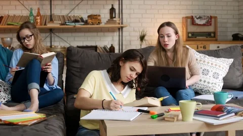 Three young female student study together being serious and concentrated Stock Footage 75963864