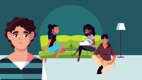 Three young friends relax and chat in a cozy living room, dynamic motion fo.. Vídeo Stock 339061066