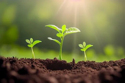 Three young green plants growing at sunlight Environment technology Green  Stock Illustration