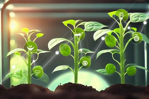 Three young green plants growing at sunlight Environment technology Infograp Stock Illustration