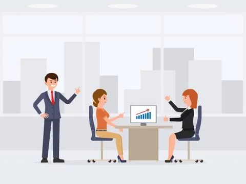 Three young happy office workers meeting cartoon character Stock Illustration