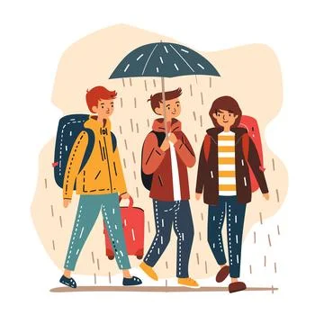 Three young individuals walking under rain, one holding umbrella, cheerful Stock Illustration