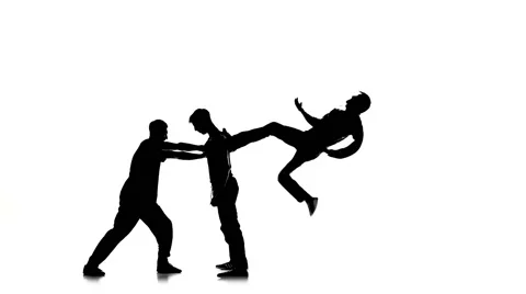 Three young men dancing hip-hop, breakdance on white, silhouette, slow motion Video stock 61177514