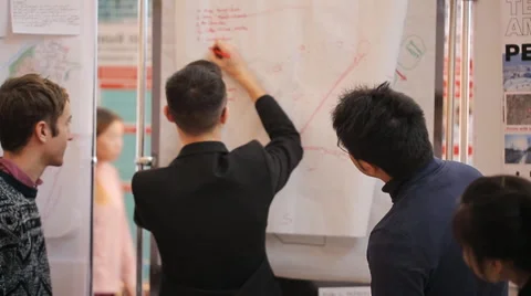 Three young men discussing something at a flipchart Stock Footage 64296270