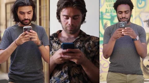 Three young men in split screen using smartphones for gaming, texting, and music Stock Footage 306320634