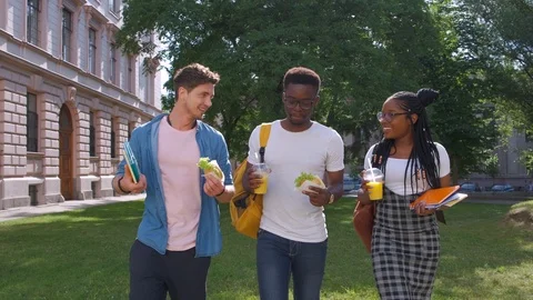 Three young multiethnic hungry people students discussing, having lunch, and Stock Footage 111879384