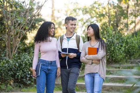 Three young multiethnic students walking in the street and talking Stock Photos