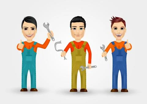 Three young plumbers dressed in work clothes Illustrazione stock