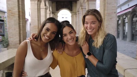 Three young smiling 20s young girls in summer clothes. Women taking selfie self Stock Footage 171688192