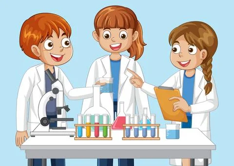 Three Young Students Conducting Science Experiments in a Laboratory Setting Stock Illustration