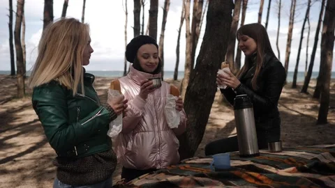 Three young women drinking tea on a picnic in the woods Stock Footage 131009716