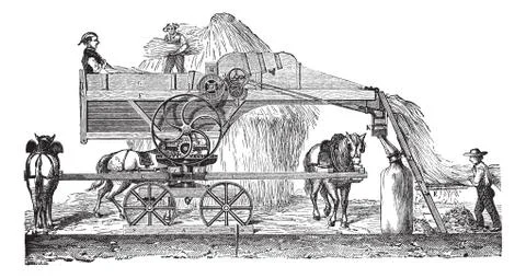 Threshing machine or thrashing machine vintage engraving Stock Illustration