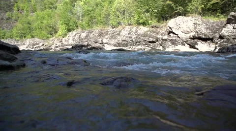 Thresholds of the beautiful mountain river against the wood Video stock 55525158