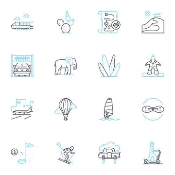 Thrill-seeking trip linear icons set. Adventure, Excitement, Adrenaline, Rush Stock Illustration