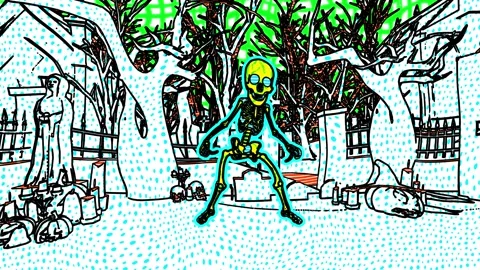 Thriller dancing skeleton in a graveyard in comic style, fluorescent textures Video stock 141926671