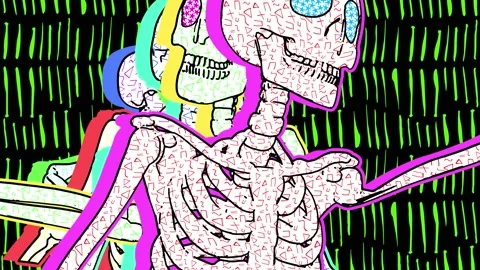 Thriller dancing skeletons in comic style, fluorescent textures and patterns. Stockbeeldmateriaal 136514249
