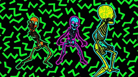 Thriller dancing skeletons in comic style, fluorescent textures and patterns. Stock Footage 141927713