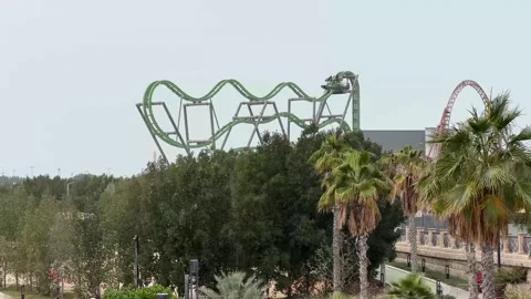 Thrilling Green Roller Coaster in a Lush Amusement Park Stock Footage 303205312
