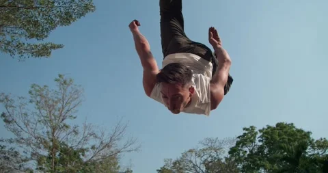 Thrilling parkour action with a dynamic time ramp effect. The footage shifts Stock Footage 313276495