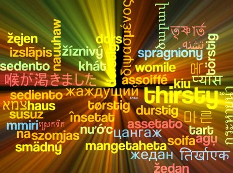 Thristy multilanguage wordcloud background concept glowing Stock Illustration